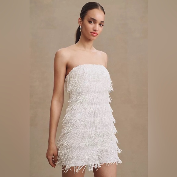 BHLDN Dresses & Skirts - Anthropologie BHLDN White Arabella Strapless Sequin Fringe Mini Dress Size 18